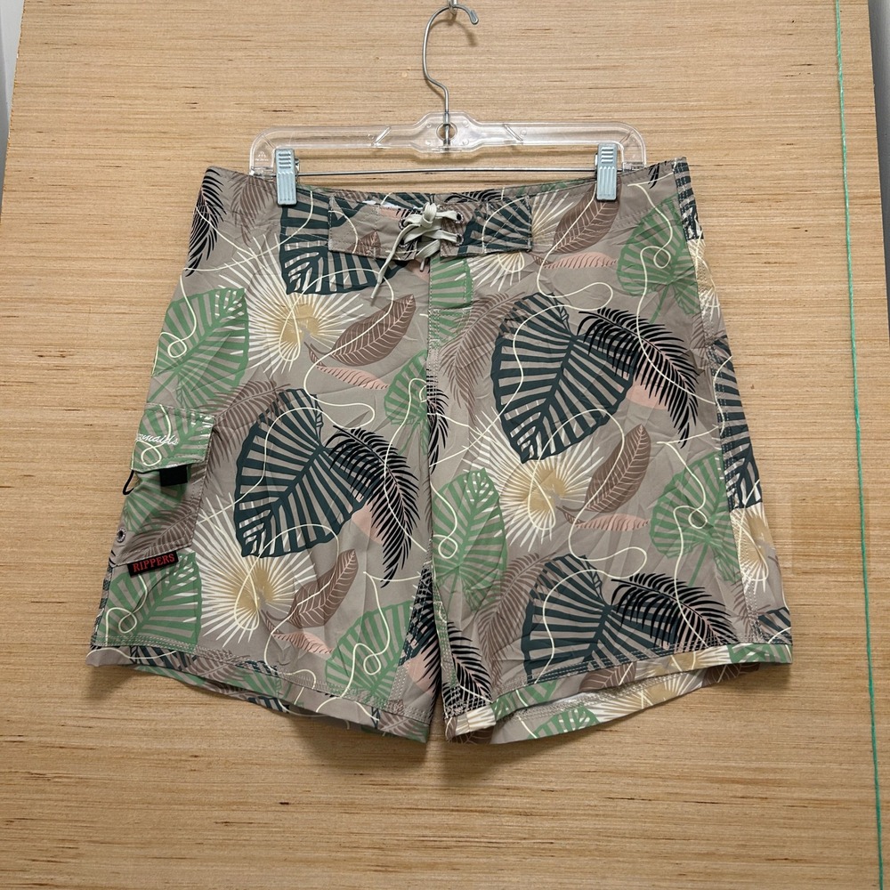 Maui Rippers Mens Size 8 Tropical Leaf Print Board Shorts Tan Green Surf Swim